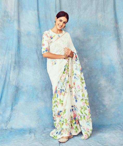 YNF LINEN KESH223 137 SAREES WHOLESALE WHITE COTTON PRINTED LINEN SAREES MANUFACTURER