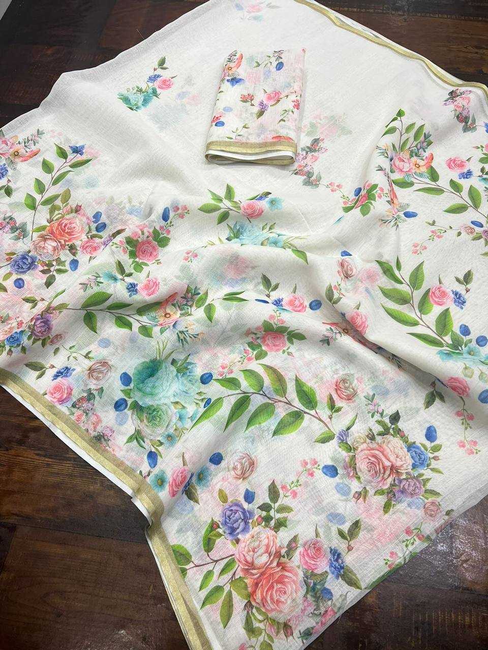 YNF LINEN KESH223 137 SAREES WHOLESALE WHITE COTTON PRINTED LINEN SAREES MANUFACTURER