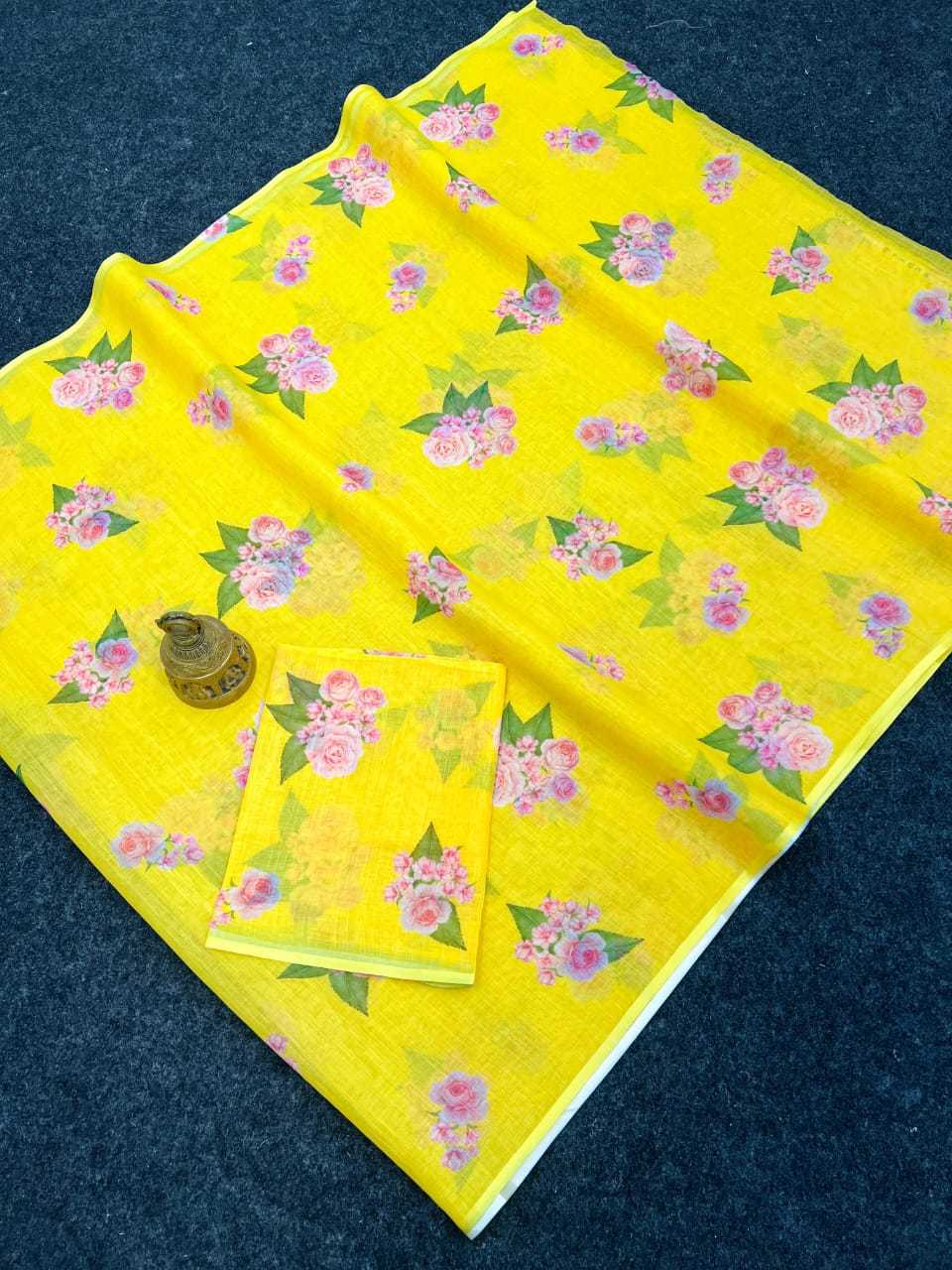 YNF LINEN KESH223 505 SAREES WHOLESALE YELLOW PRINTED LINEN SAREES MANUFACTURER