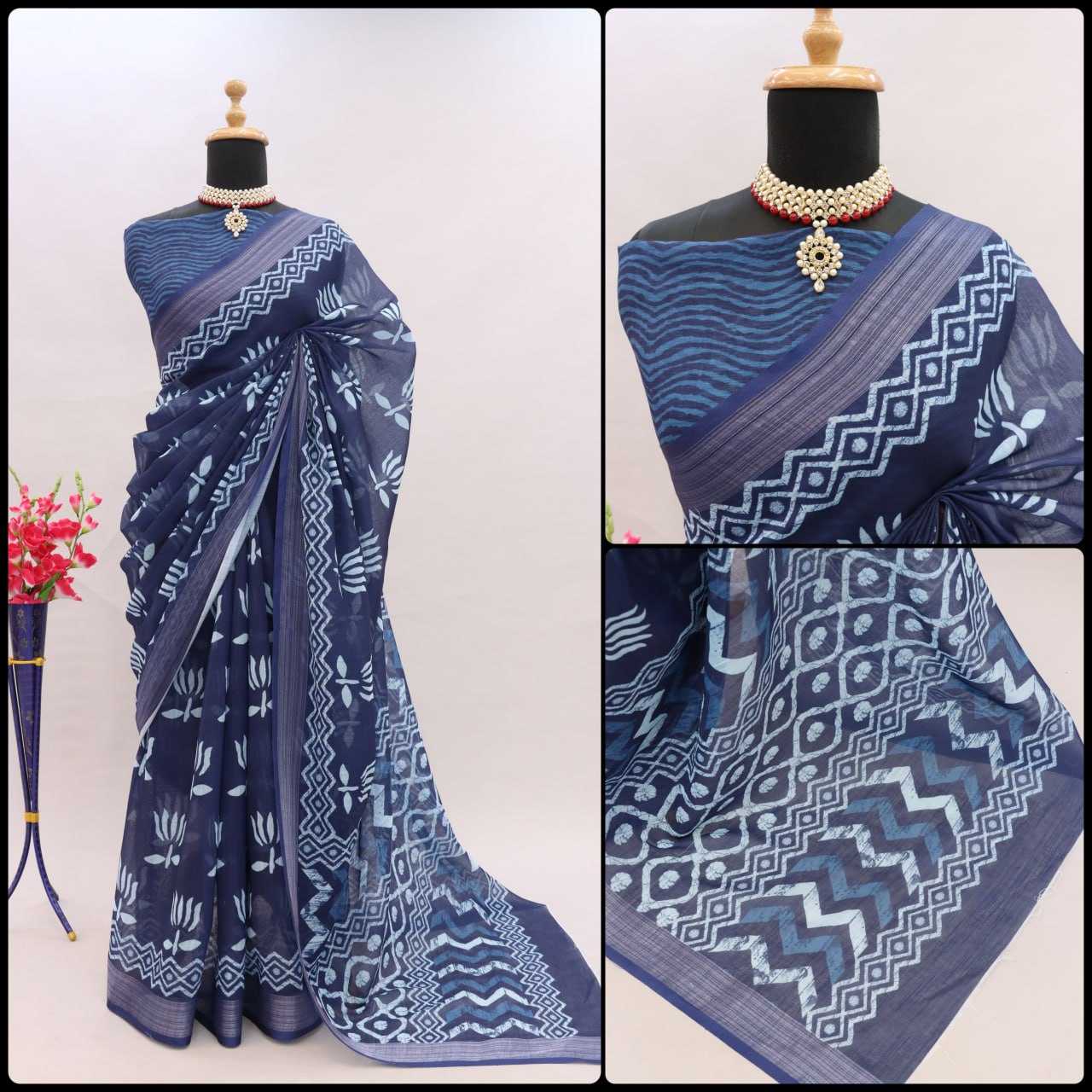 YNF LINEN KESH255 ETF03 SAREES WHOLESALE TRADITIONA PRINTED ZARI BORDER LINEN SAREES MANUFACTURER