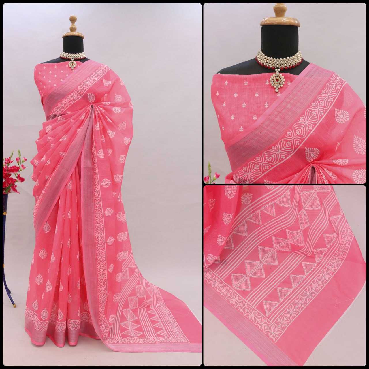 YNF LINEN KESH255 ETF03 SAREES WHOLESALE TRADITIONA PRINTED ZARI BORDER LINEN SAREES MANUFACTURER