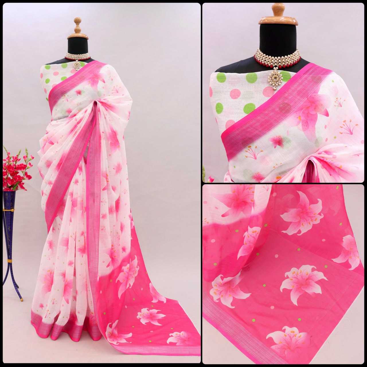 YNF LINEN KESH255 ETF03 SAREES WHOLESALE TRADITIONA PRINTED ZARI BORDER LINEN SAREES MANUFACTURER