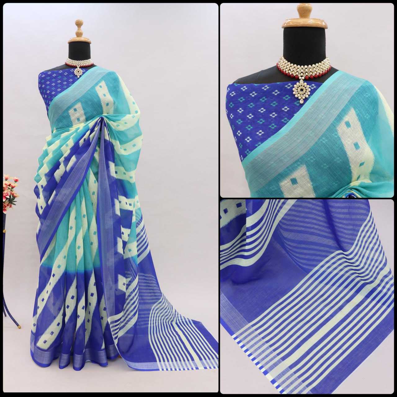 YNF LINEN KESH255 ETF03 SAREES WHOLESALE TRADITIONA PRINTED ZARI BORDER LINEN SAREES MANUFACTURER