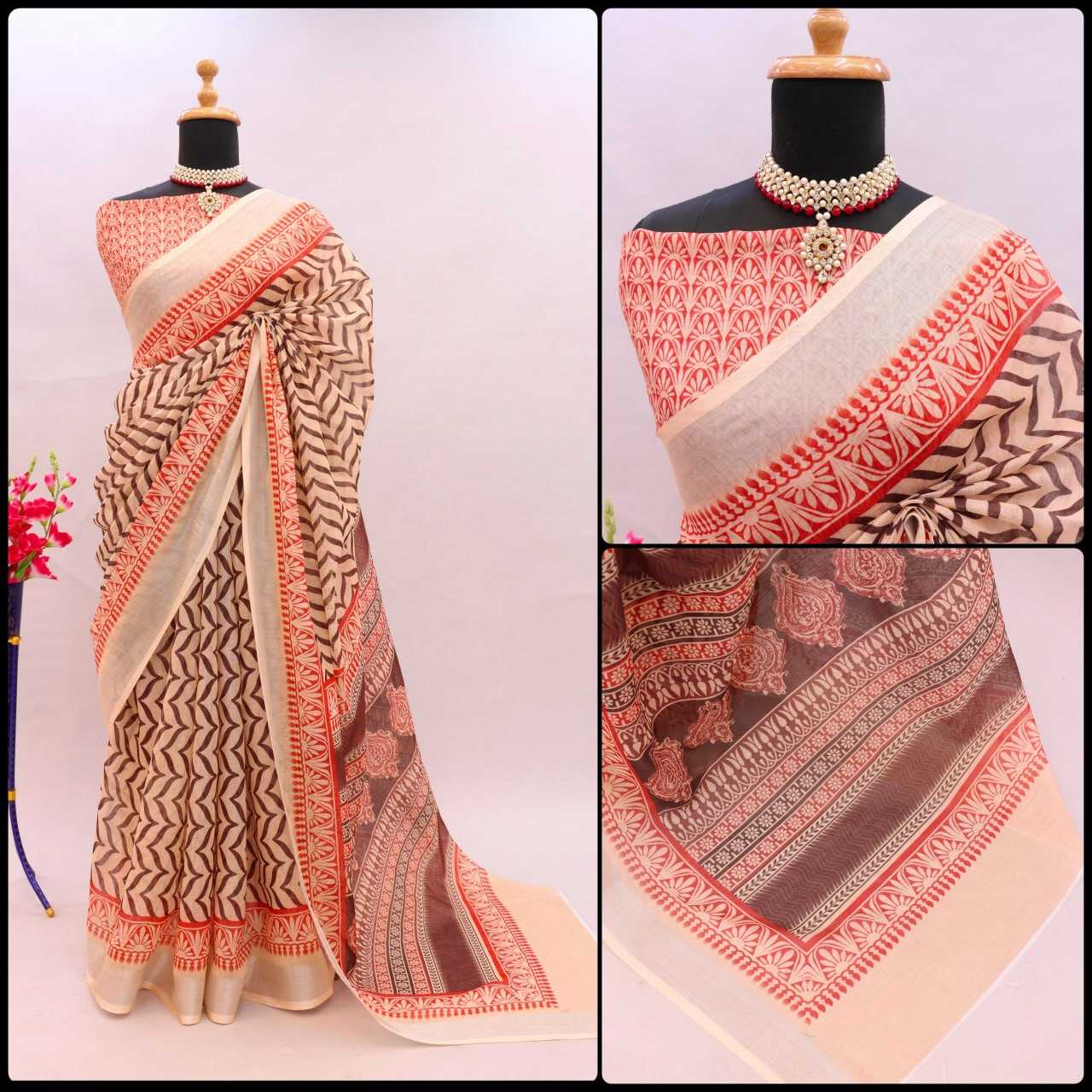 YNF LINEN KESH255 ETF03 SAREES WHOLESALE TRADITIONA PRINTED ZARI BORDER LINEN SAREES MANUFACTURER