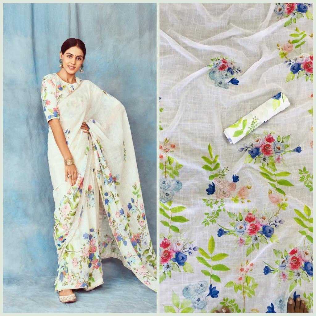 YNF LINEN RIN119 001 SAREES WHOLESALE PRINTED LADIES WHITE LINEN SAREES MANUFACTURER