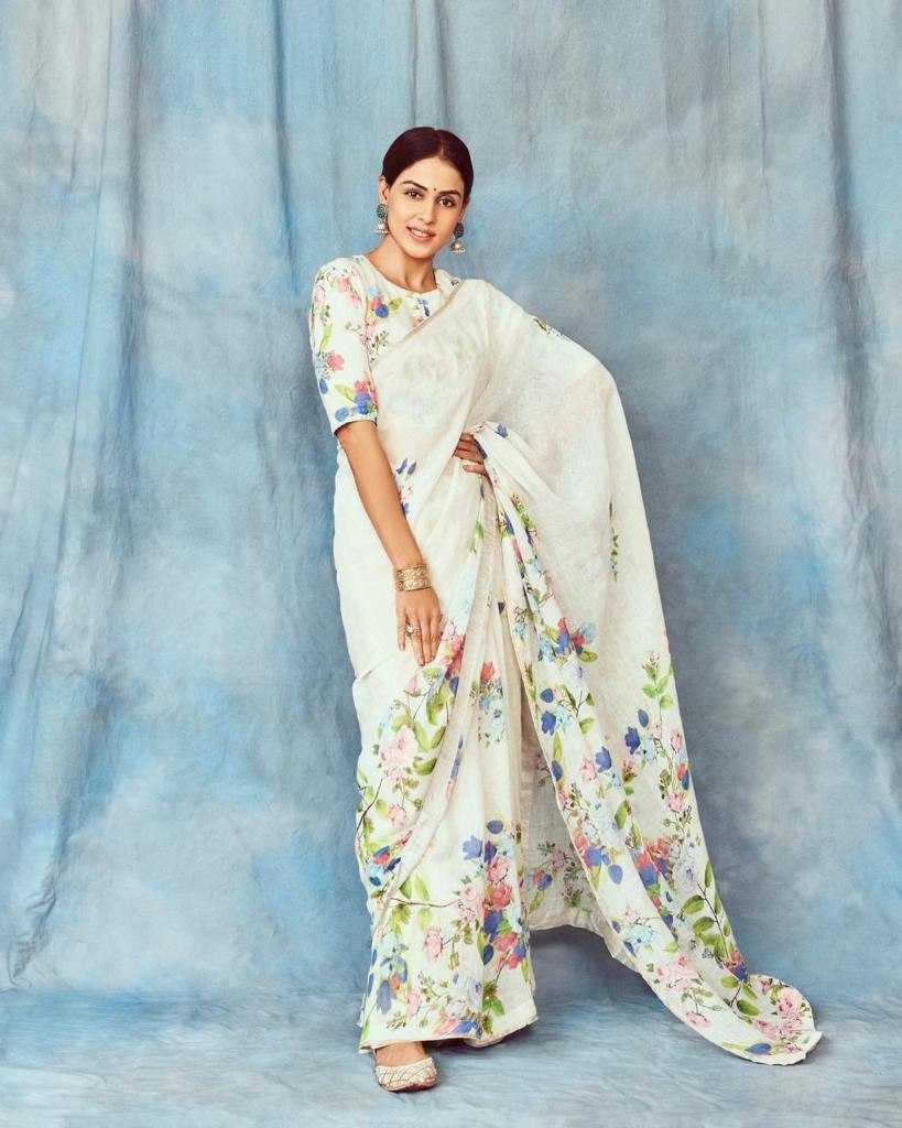 YNF LINEN RIN119 001 SAREES WHOLESALE PRINTED LADIES WHITE LINEN SAREES MANUFACTURER