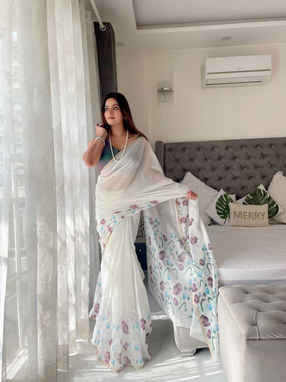 YNF LINEN RIN171 594 SAREES WHOLESALE PRINTED WHITE FLORAL LINEN SAREES MANUFACTURER