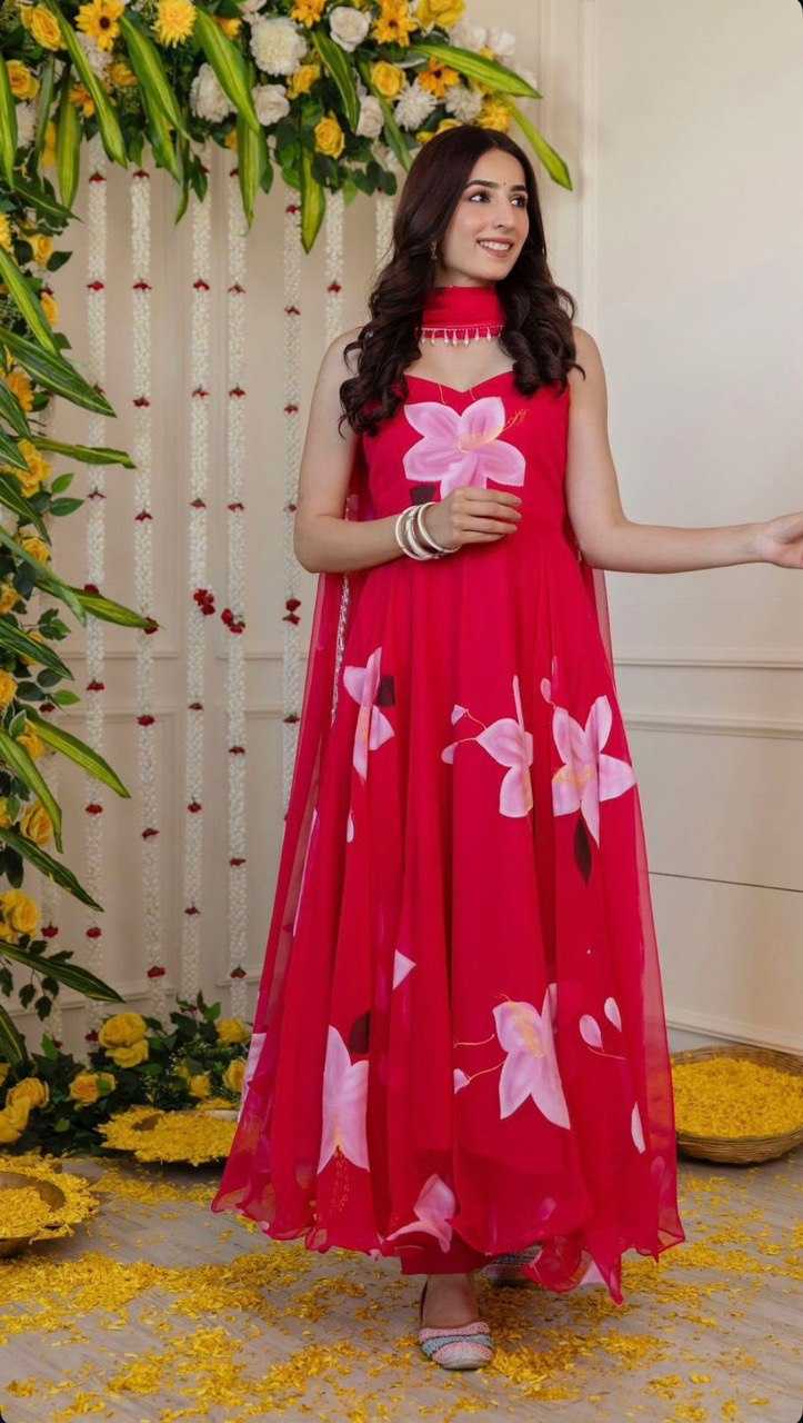 YNF ORGANZA KESH154 261 GOWNS WHOLESALE PINK ANARAKLI PRINTED SLEEVELESS GOWNS MANUFACTURER