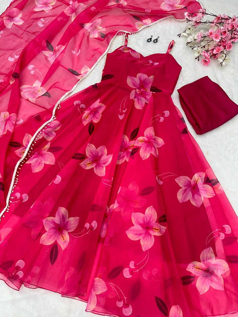 YNF ORGANZA KESH154 261 GOWNS WHOLESALE PINK ANARAKLI PRINTED SLEEVELESS GOWNS MANUFACTURER