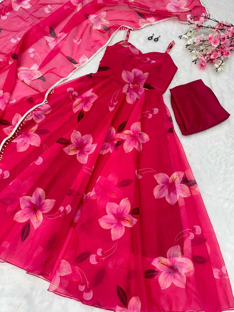 YNF ORGANZA KESH154 261 GOWNS WHOLESALE PINK ANARAKLI PRINTED SLEEVELESS GOWNS MANUFACTURER