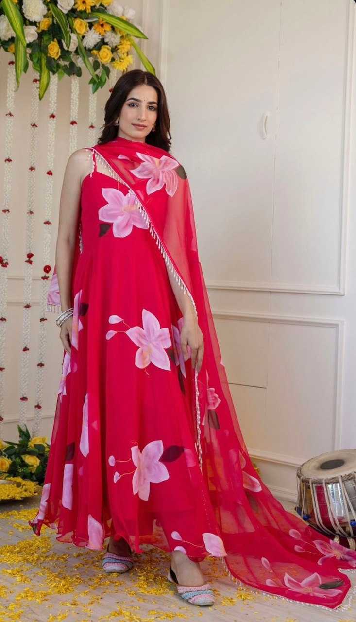 YNF ORGANZA KESH154 261 GOWNS WHOLESALE PINK ANARAKLI PRINTED SLEEVELESS GOWNS MANUFACTURER