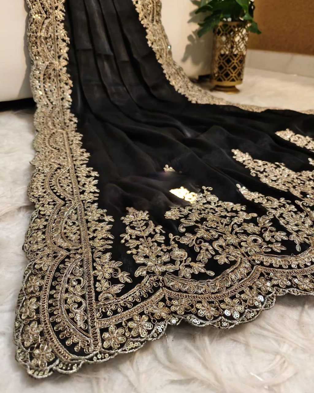 YNF ORGANZA RIN164 RRS101 SAREES WHOLESALE ORGANZA EMBROIDERED BLACK SAREES MANUFACTURER