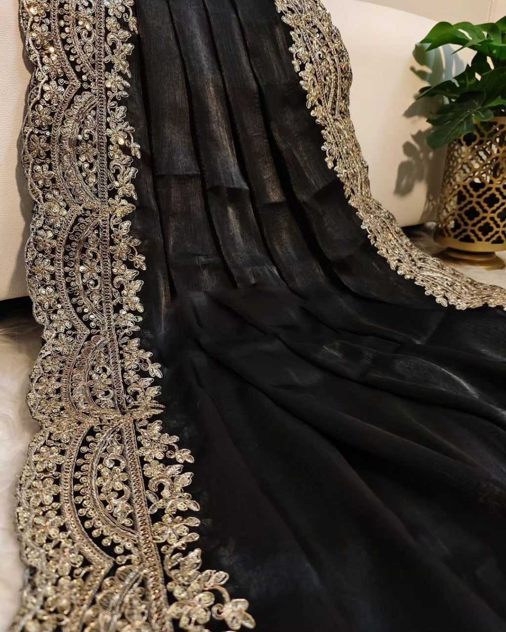 YNF ORGANZA RIN164 RRS101 SAREES WHOLESALE ORGANZA EMBROIDERED BLACK SAREES MANUFACTURER