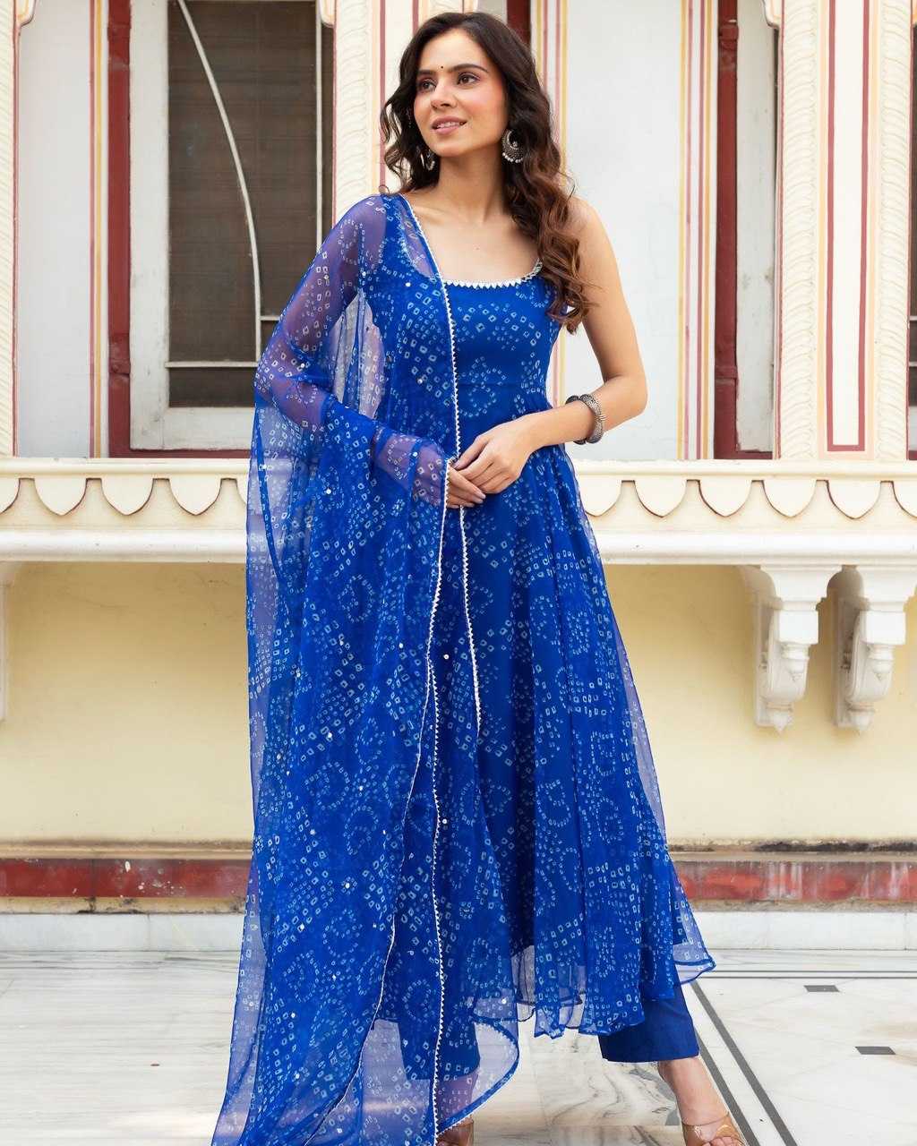 YNF ORGANZA SILK KESH154 262 GOWNS WHOLESALE BLUE ANARAKLI PRINTED SLEEVELESSGOWNS MANUFACTURER