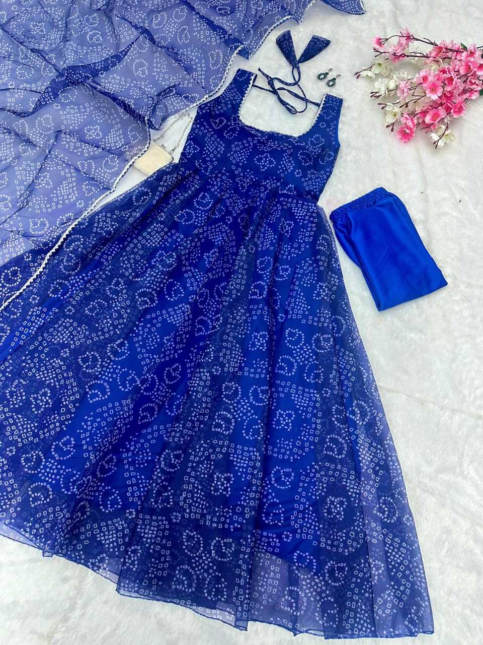 YNF ORGANZA SILK KESH154 262 GOWNS WHOLESALE BLUE ANARAKLI PRINTED SLEEVELESSGOWNS MANUFACTURER