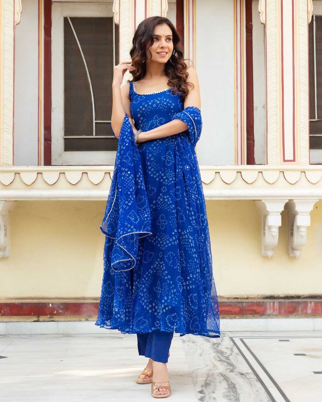 YNF ORGANZA SILK KESH154 262 GOWNS WHOLESALE BLUE ANARAKLI PRINTED SLEEVELESSGOWNS MANUFACTURER