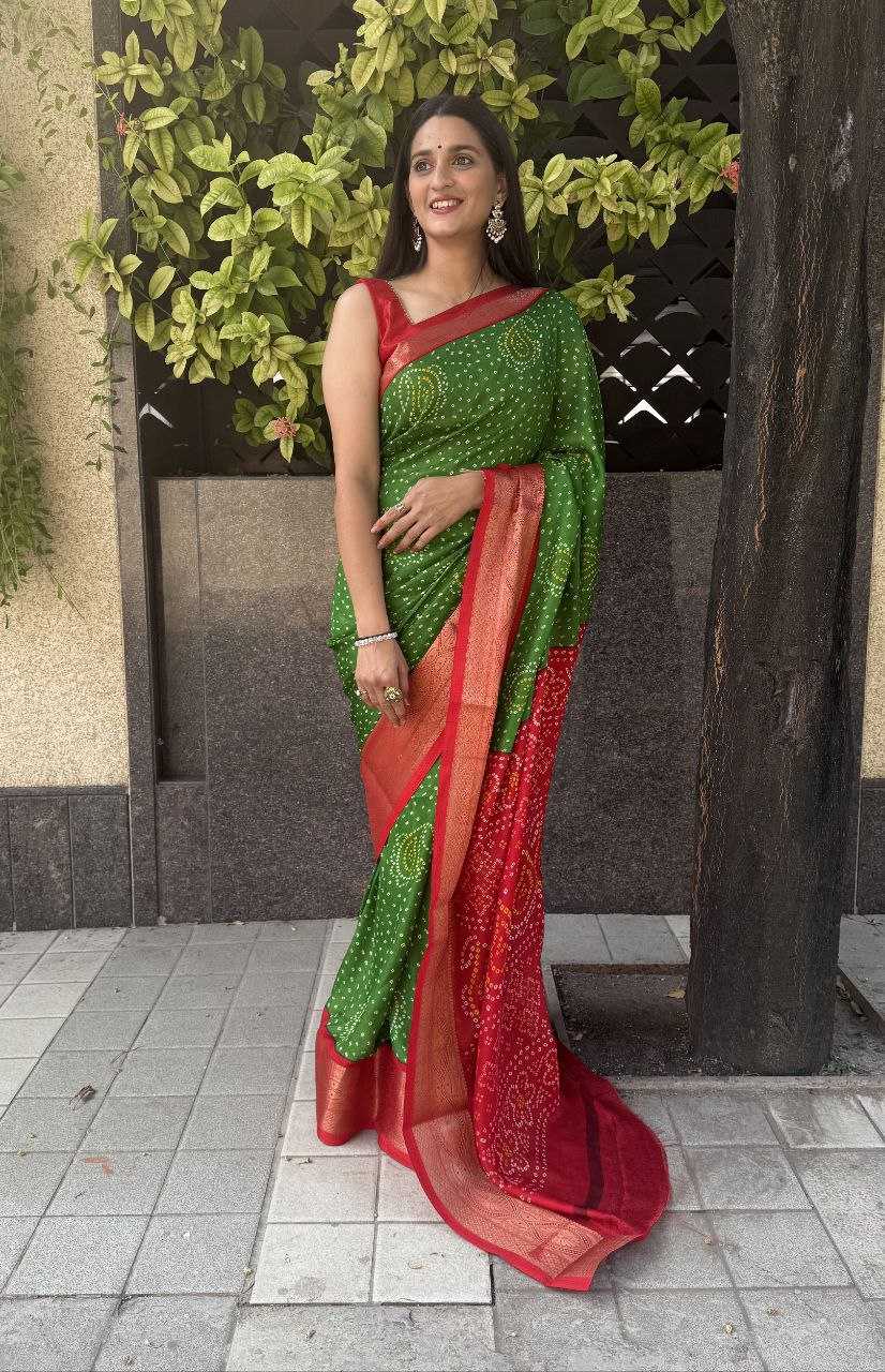 YNF SILK KESH117 RWC35 SAREES WHOLESALE SILK ZARI BORDER SILK BANDHANI GREEN SAREES MANUFACTURER