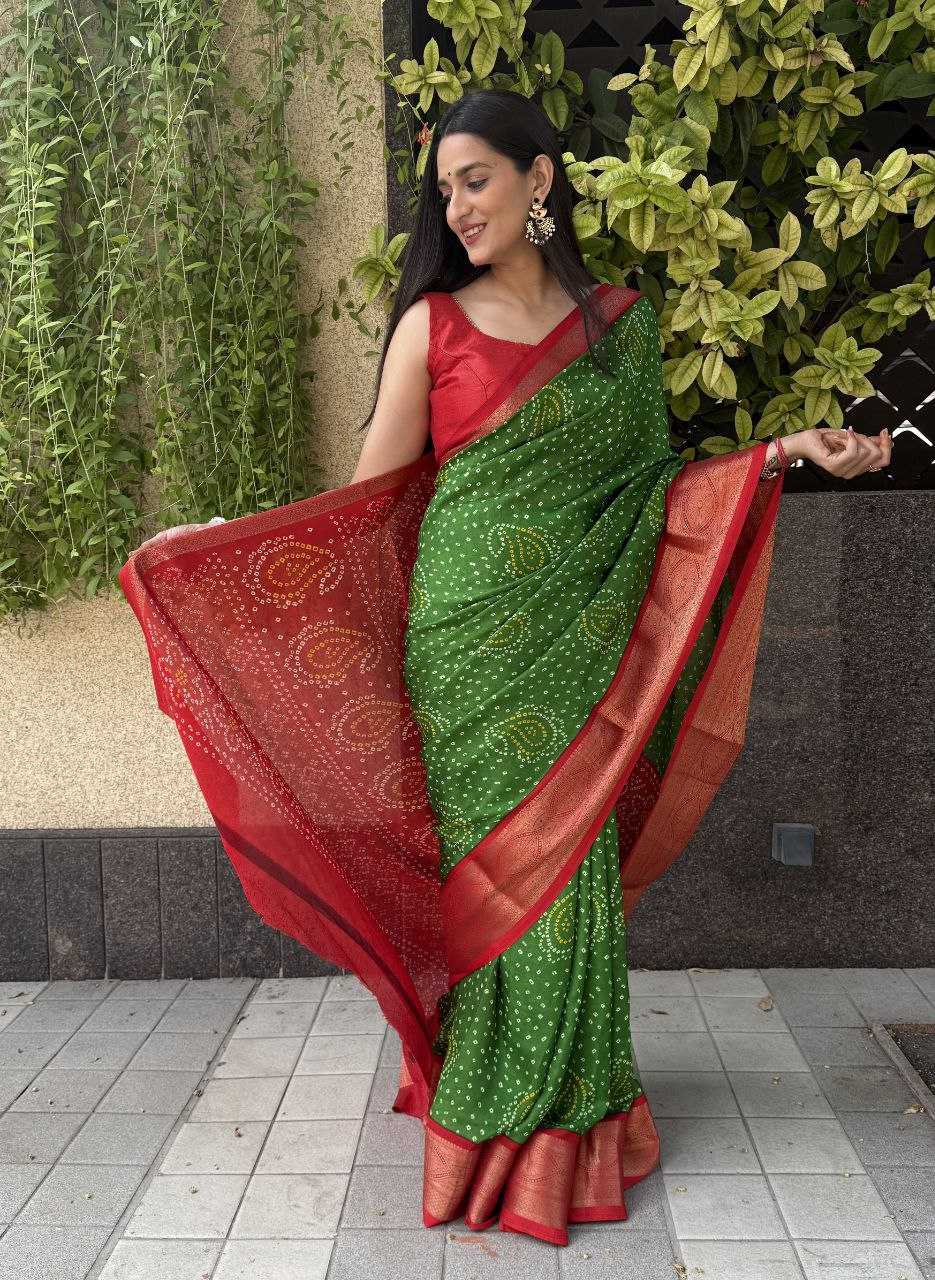 YNF SILK KESH117 RWC35 SAREES WHOLESALE SILK ZARI BORDER SILK BANDHANI GREEN SAREES MANUFACTURER