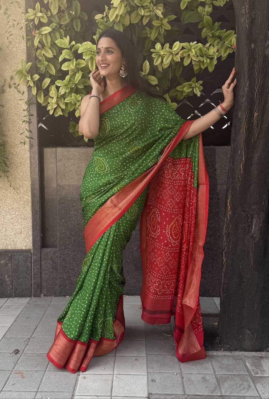 YNF SILK KESH117 RWC35 SAREES WHOLESALE SILK ZARI BORDER SILK BANDHANI GREEN SAREES MANUFACTURER