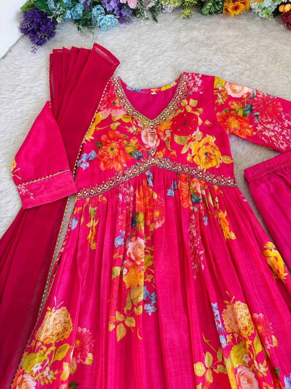 YNF SOFT CHINON KESH240 414 GOWNS WHOLESALE PINK ANARAKLI PRINTED WEDDING GEORGETTE GOWNS MANUFACTURER