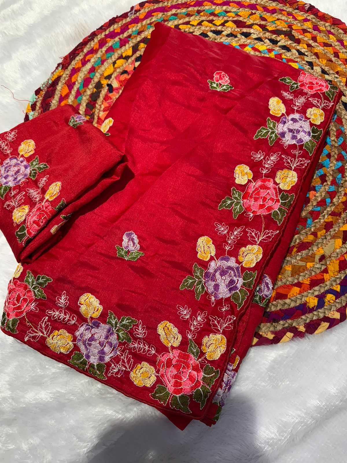 YNF TUSSAR SILK SOFT  RIN164 RRS104 SAREES WHOLESALE EMBROIDERED RED TUSSAR SILK SAREES  MANUFACTURER