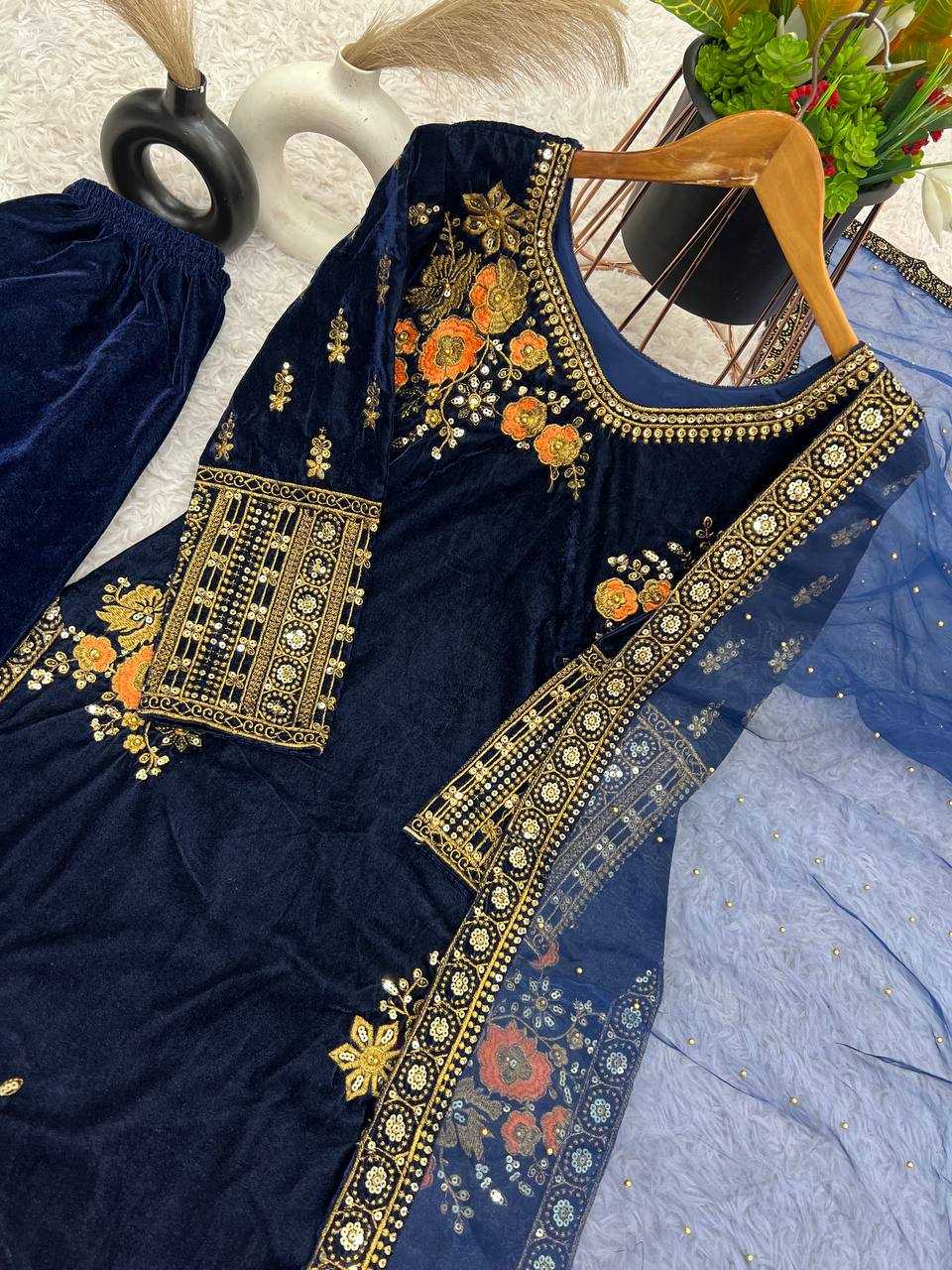 YNF VELVET KESH124 829 SUITS & DRESSES WHOLESALE EMBROIDEREY PARTY WEAR BLUE SALWAR VELVET SUITS MANUFACTURE