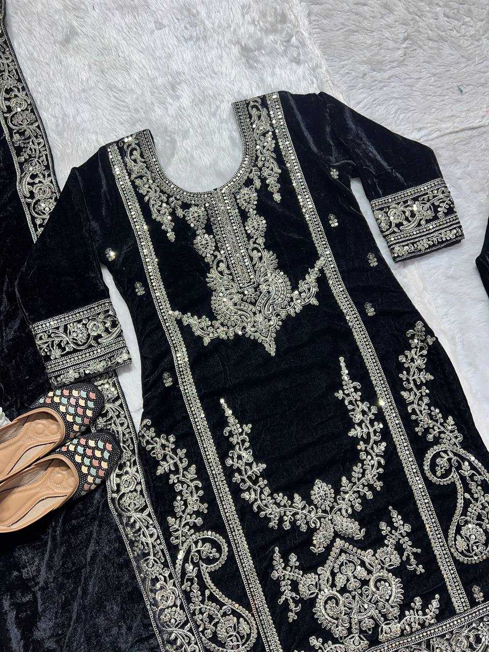 YNF VELVET KESH145 3025 SUITS & DRESSES WHOLESALE EMBROIDERED VELVET PARTY WEAR BLACK SUITS MANUFACTURE