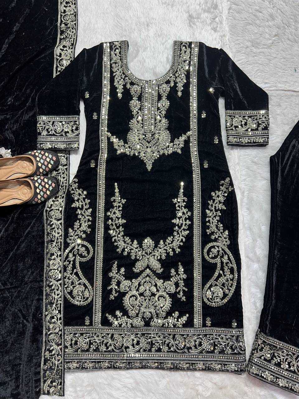 YNF VELVET KESH145 3025 SUITS & DRESSES WHOLESALE EMBROIDERED VELVET PARTY WEAR BLACK SUITS MANUFACTURE