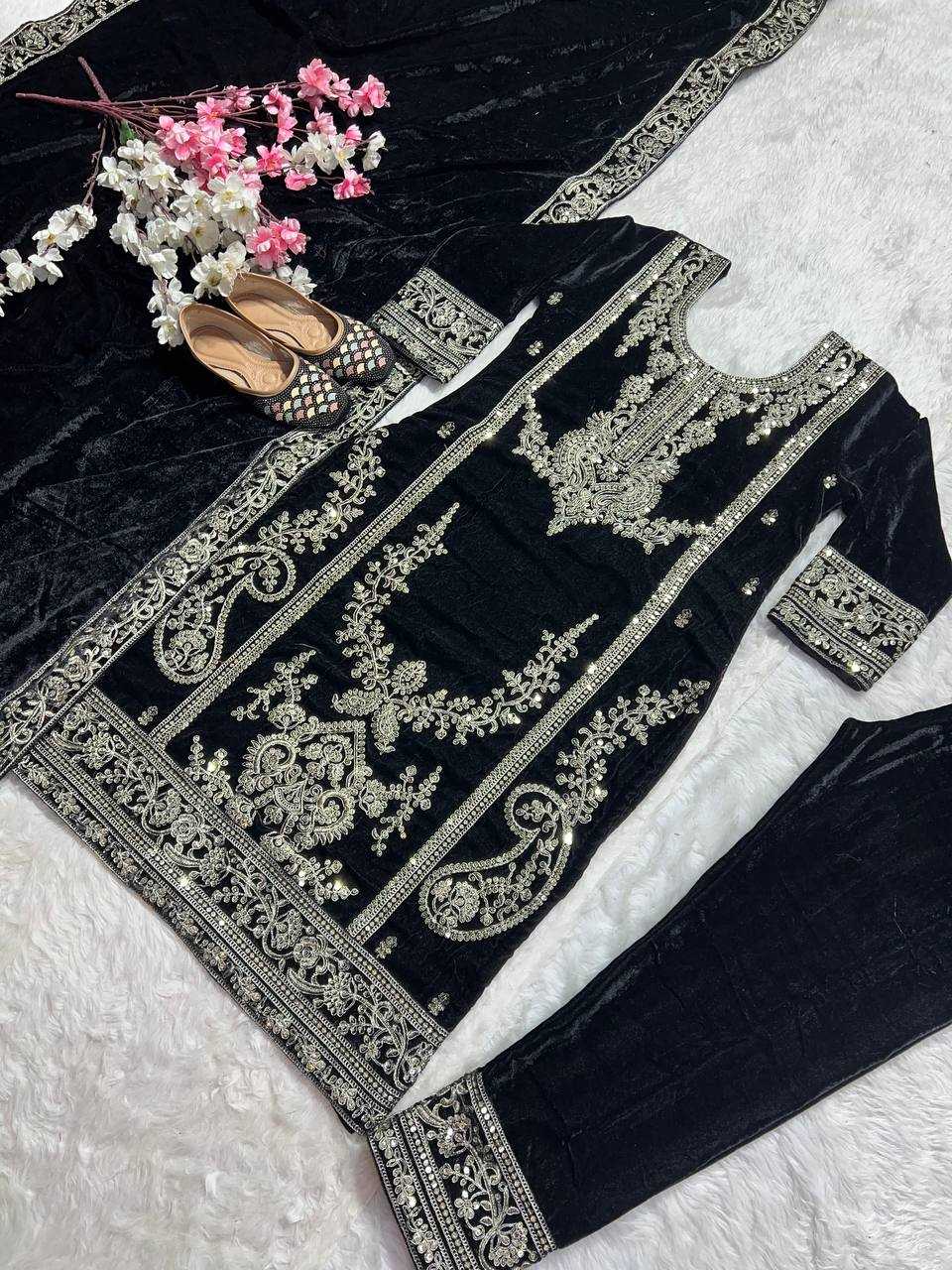 YNF VELVET KESH145 3025 SUITS & DRESSES WHOLESALE EMBROIDERED VELVET PARTY WEAR BLACK SUITS MANUFACTURE