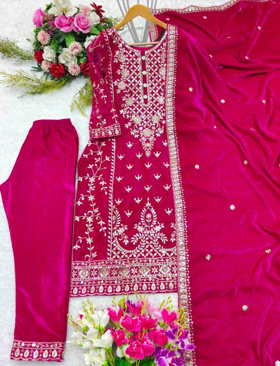 YNF VELVET KESH156 1136 SUITS & DRESSES WHOLESALE EMBROPIDERY VELVET WEDDING PINK SUITS MANUFACTURE