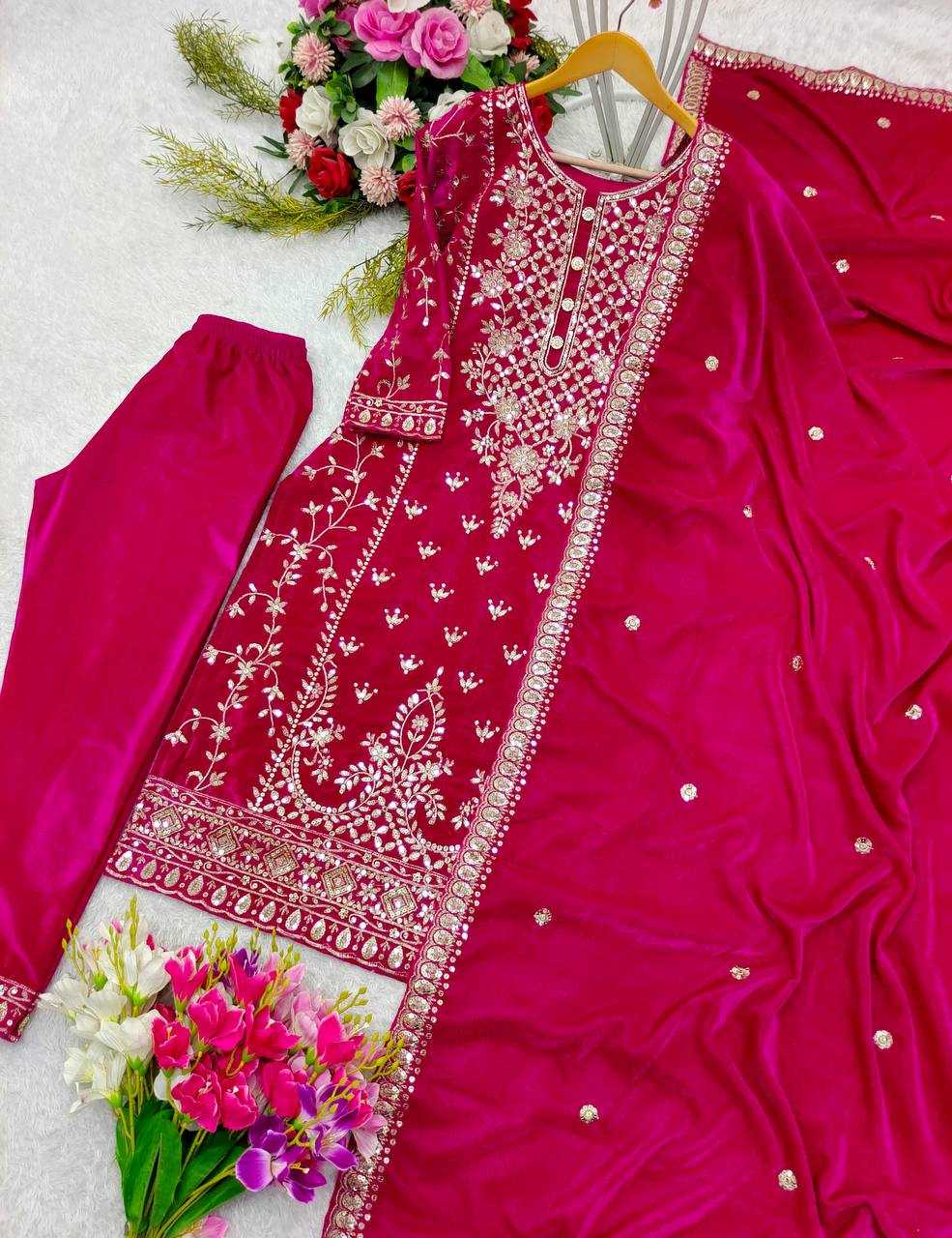 YNF VELVET KESH156 1136 SUITS & DRESSES WHOLESALE EMBROPIDERY VELVET WEDDING PINK SUITS MANUFACTURE