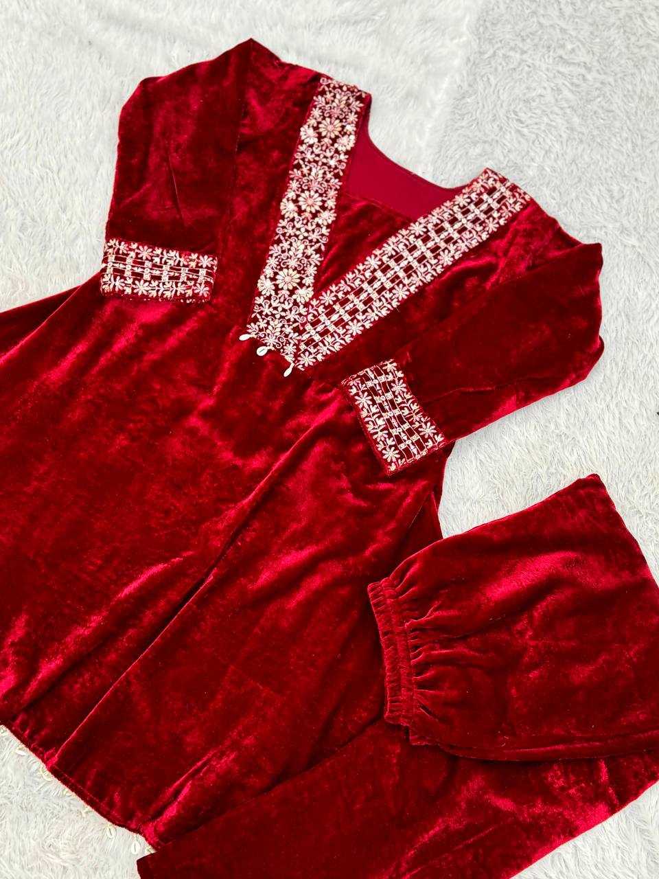 YNF VELVET KESH228 571 KURTIS WHOLESALE FESTIVE KURTI WITH BOTTOM EMBROIDERED EMBROIDERED V NECK RED KURTIS MANUFACTURER