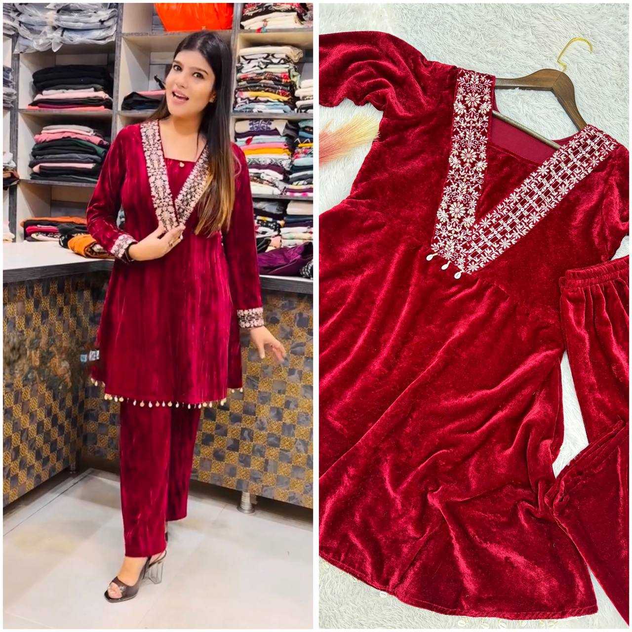 YNF VELVET KESH228 571 KURTIS WHOLESALE FESTIVE KURTI WITH BOTTOM EMBROIDERED EMBROIDERED V NECK RED KURTIS MANUFACTURER