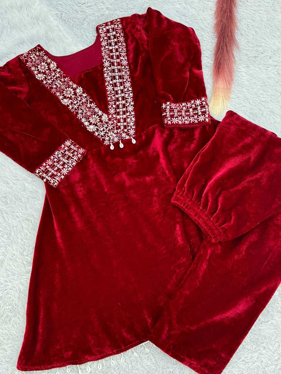 YNF VELVET KESH228 571 KURTIS WHOLESALE FESTIVE KURTI WITH BOTTOM EMBROIDERED EMBROIDERED V NECK RED KURTIS MANUFACTURER