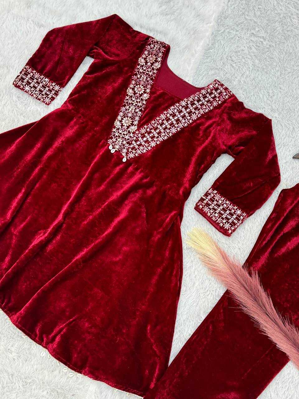 YNF VELVET KESH228 571 KURTIS WHOLESALE FESTIVE KURTI WITH BOTTOM EMBROIDERED EMBROIDERED V NECK RED KURTIS MANUFACTURER