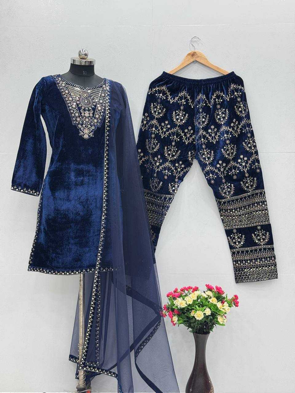 YNF VELVET KESH239 187 SUITS & DRESSES WHOLESALE EMBROPIDERY VELVET PARTY WEAR BLUE SUITS MANUFACTURE