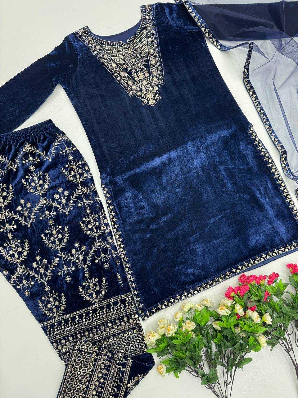 YNF VELVET KESH239 187 SUITS & DRESSES WHOLESALE EMBROPIDERY VELVET PARTY WEAR BLUE SUITS MANUFACTURE