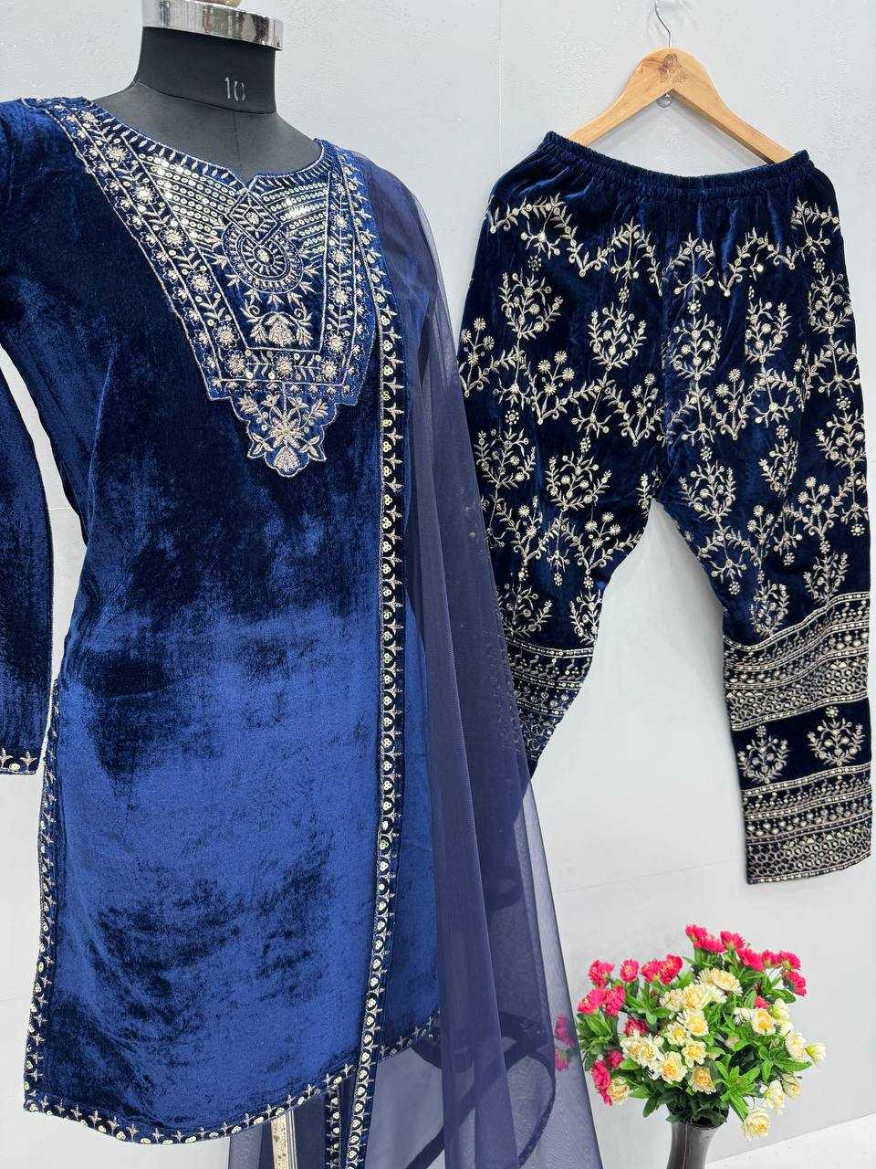 YNF VELVET KESH239 187 SUITS & DRESSES WHOLESALE EMBROPIDERY VELVET PARTY WEAR BLUE SUITS MANUFACTURE