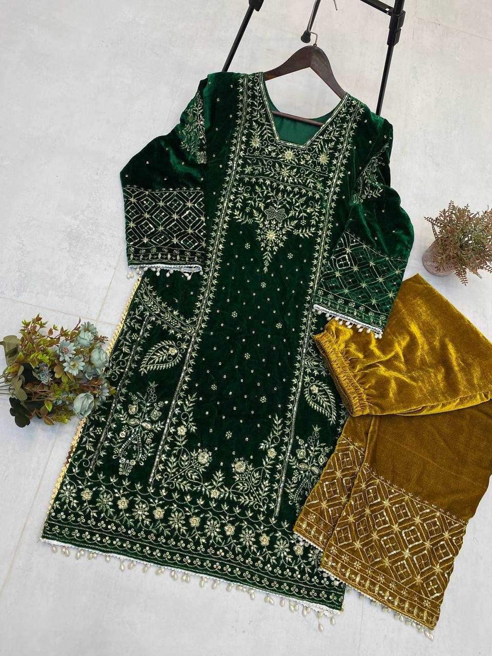 YNF VELVET RIN110 285 SUITS & DRESSES WHOLESALE EMBROIDEREY PARTY WEAR GREEN SALWAR VELVET SUITS MANUFACTURE