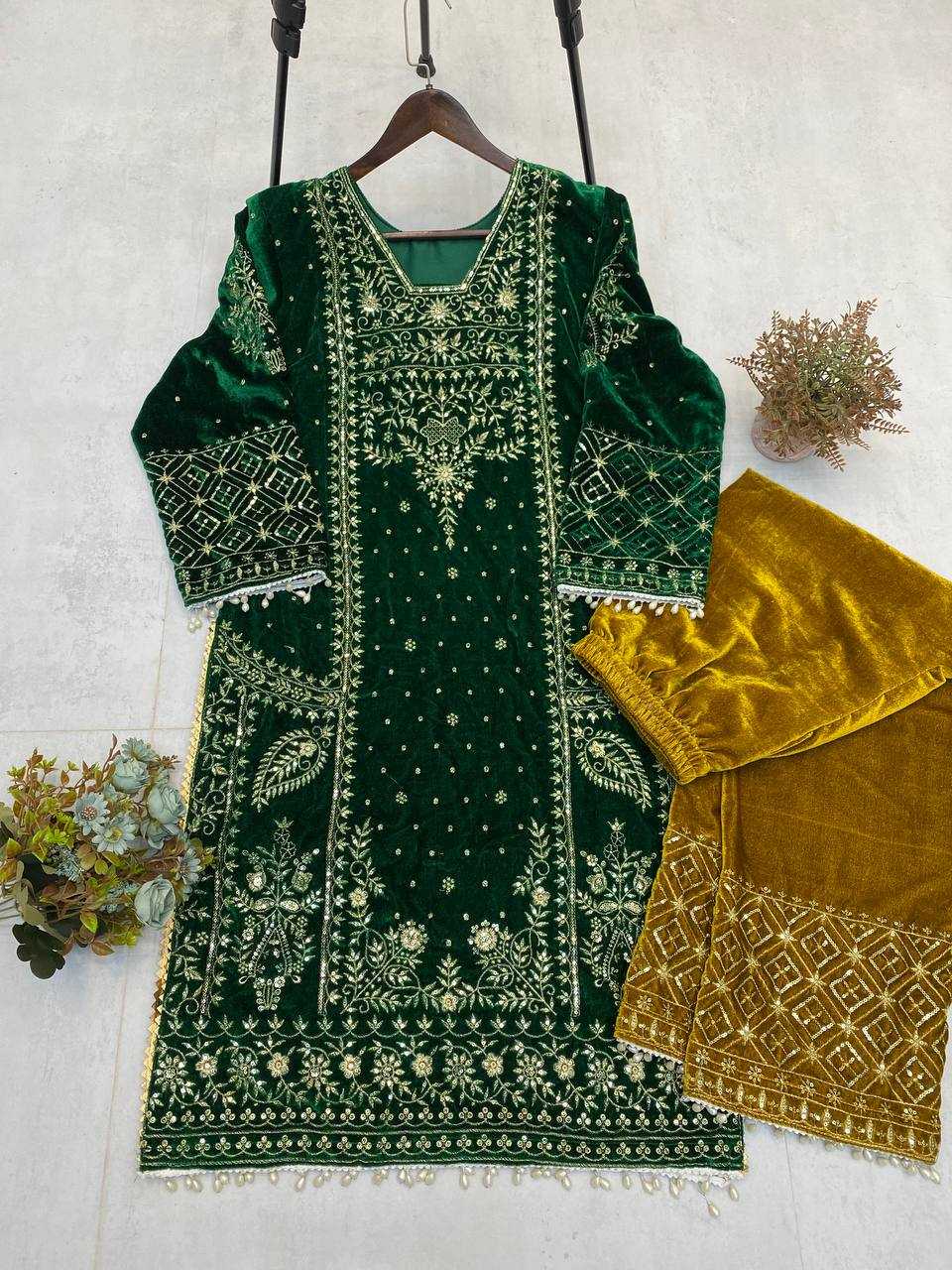 YNF VELVET RIN110 285 SUITS & DRESSES WHOLESALE EMBROIDEREY PARTY WEAR GREEN SALWAR VELVET SUITS MANUFACTURE