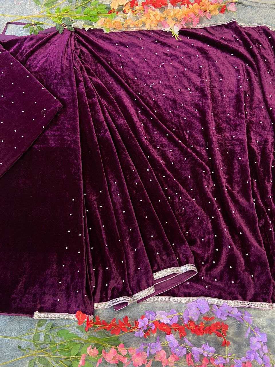 YNF VELVET RIN121 895 SAREES WHOLESALE VELVET LACE BORDER STONE WORK PARTY WEAR SAREES MANUFACTURER