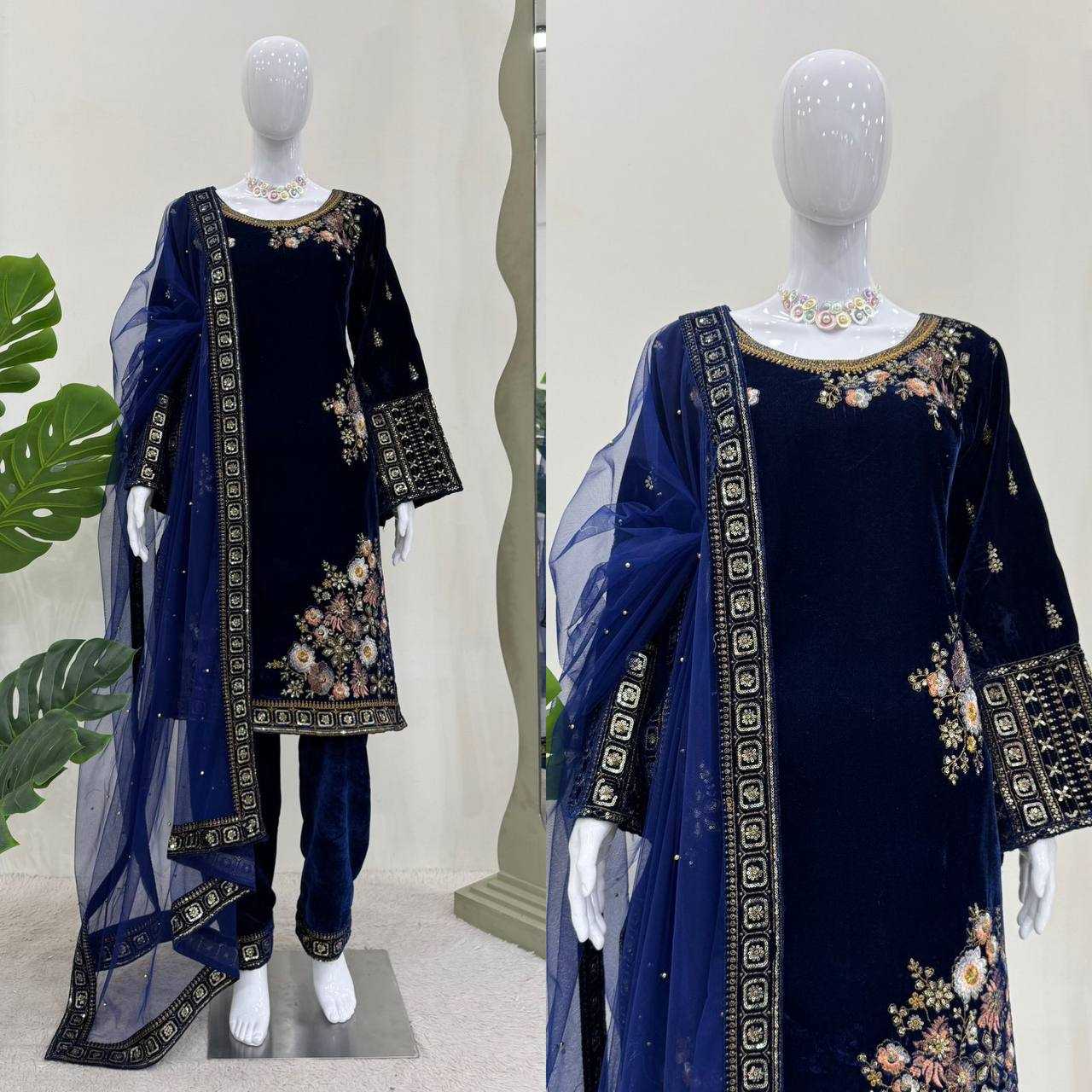 YNF VELVET RIN133 1488 SUITS & DRESSES WHOLESALE BLUE SALWAR EMBROIDERED PARTY WEAR VELVET SUITS MANUFACTURER