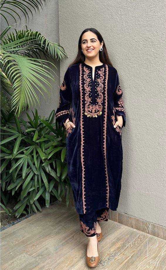 YNF VELVET RIN141 1890 KURTIS WHOLESALE PARTY WEAR KURTI WITH BOTTOM EMBROIDERED BLUE KURTIS MANUFACTURER