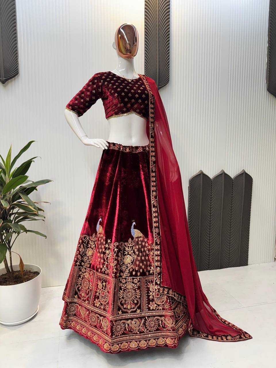 YNF VELVET RIN141 635 LEHENGAS WHOLESALE BRIDAL WEDDING DESIGNER  VELVET MAROON LEHENGAS MANUFACTURER