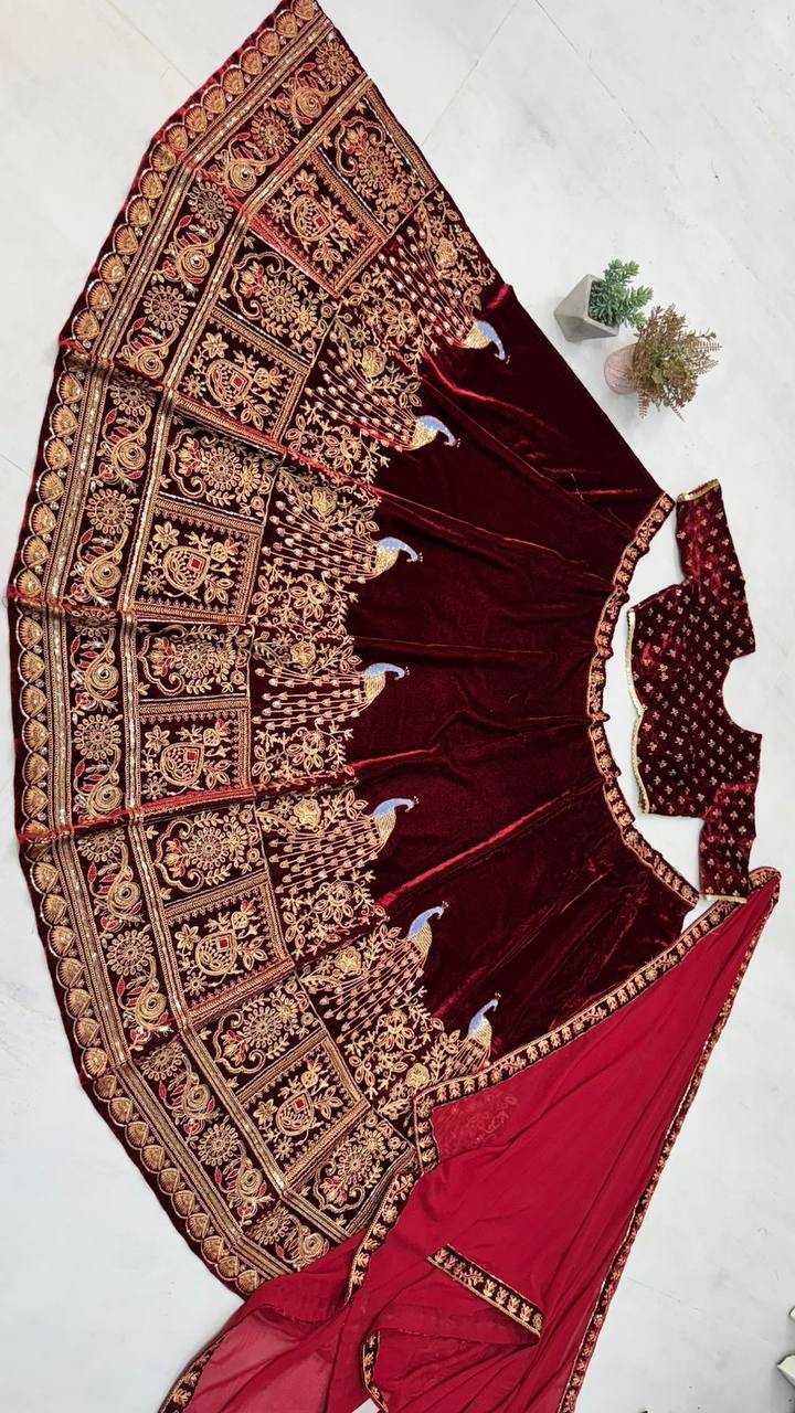 YNF VELVET RIN141 635 LEHENGAS WHOLESALE BRIDAL WEDDING DESIGNER  VELVET MAROON LEHENGAS MANUFACTURER