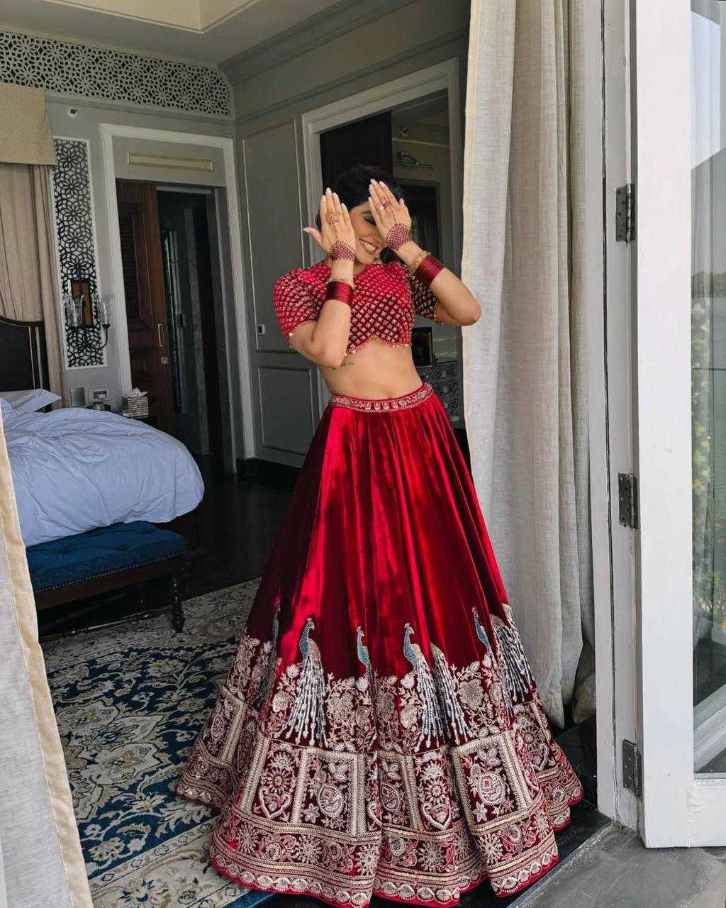 YNF VELVET RIN141 635 LEHENGAS WHOLESALE BRIDAL WEDDING DESIGNER  VELVET MAROON LEHENGAS MANUFACTURER