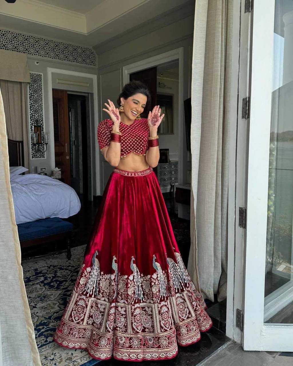 YNF VELVET RIN141 635 LEHENGAS WHOLESALE BRIDAL WEDDING DESIGNER  VELVET MAROON LEHENGAS MANUFACTURER