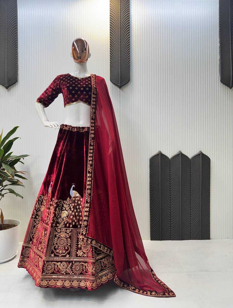 YNF VELVET RIN141 635 LEHENGAS WHOLESALE BRIDAL WEDDING DESIGNER  VELVET MAROON LEHENGAS MANUFACTURER