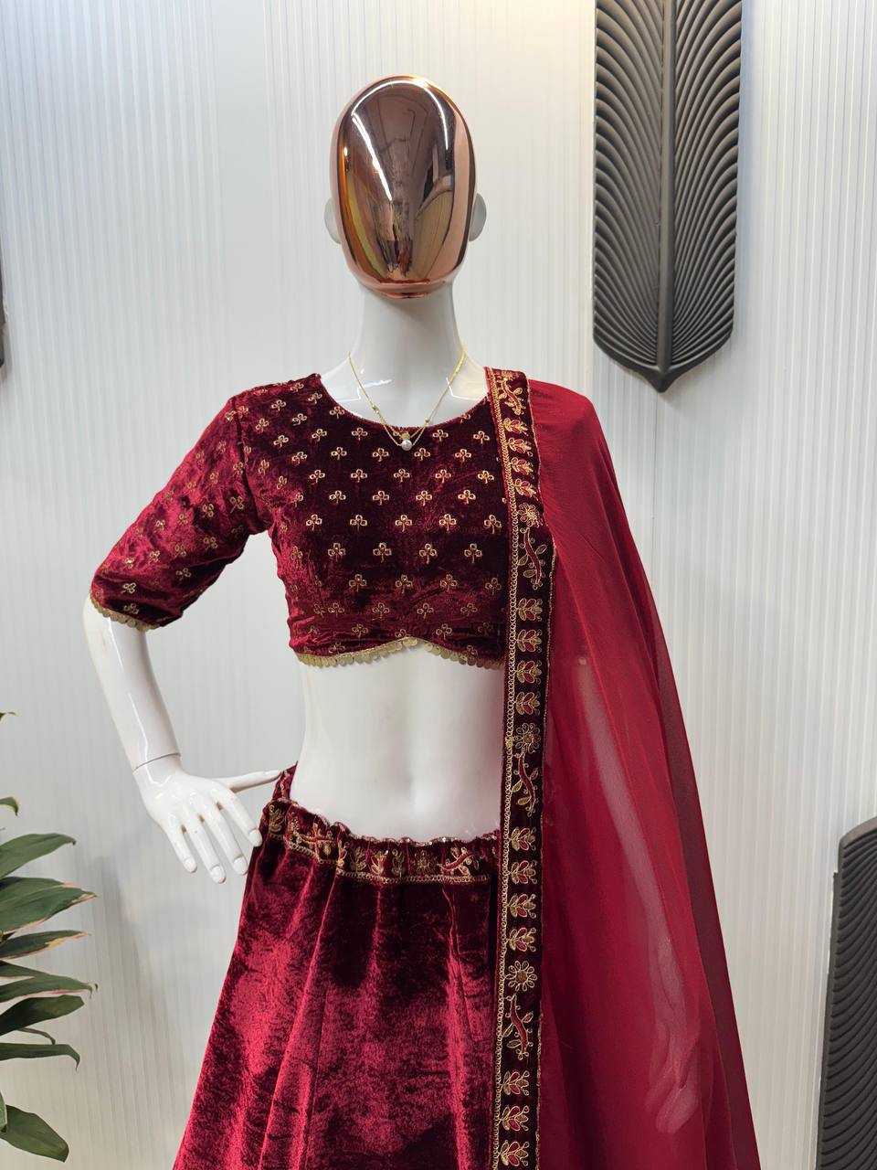 YNF VELVET RIN141 635 LEHENGAS WHOLESALE BRIDAL WEDDING DESIGNER  VELVET MAROON LEHENGAS MANUFACTURER