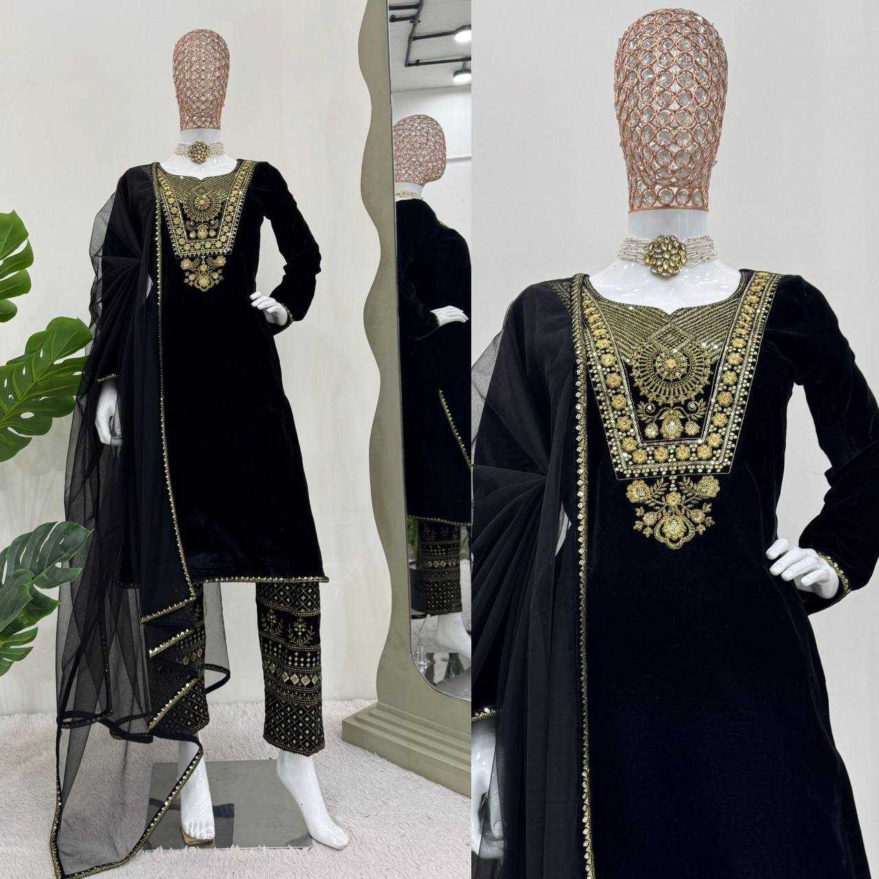 YNF VELVET RIN169 5775 SUITS & DRESSES WHOLESALE EMBROPIDERY VELVET PARTY WEAR BLACK SUITS MANUFACTURE